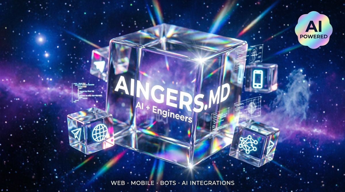AINGERS.MD — Внедрение AI в бизнес-процессы. Glass-cube hero с AI-агентами, web, mobile, bots